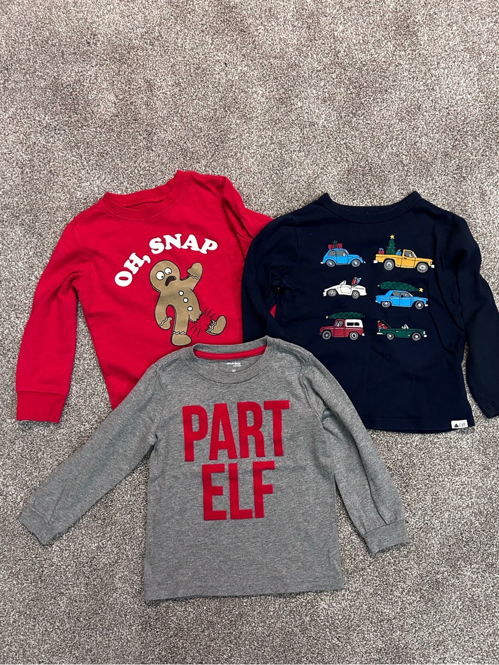 Holiday Kids Shirt Bundle - Red Gingerbread, Navy Cars, Gray 'PART ELF'